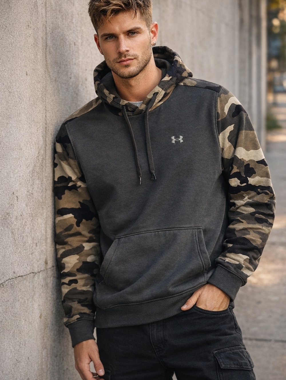 Under Armour Rival Fleece Hoodie Mens L Olive Camo Sleeve Pullover Athleisure
